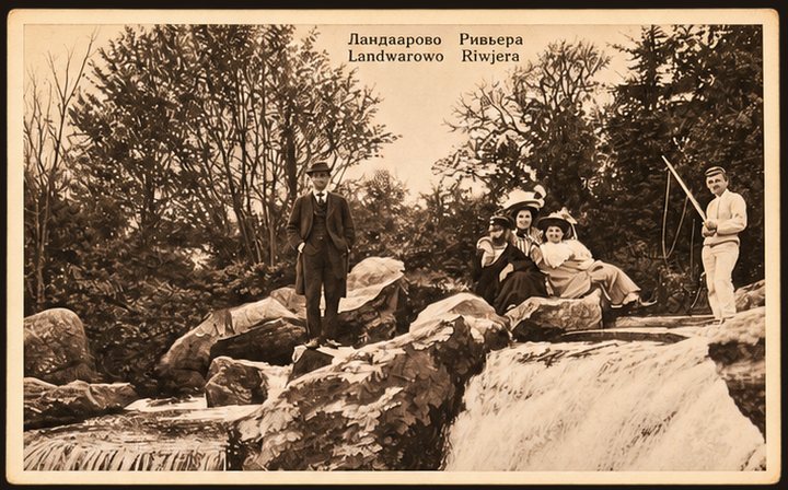 Pocztówka Nr 12 — Landwarowo Riwjera, goście na kamieniach nad wodospadem, sepia