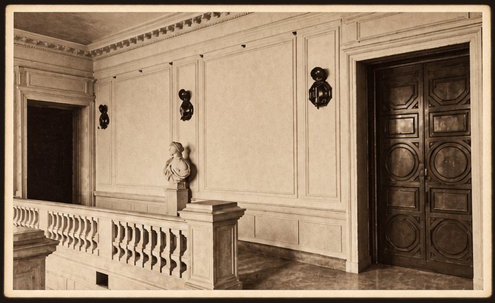 Pocztówka Nr 15 — galeria na piętrze z balustradą i popiersiem, sepia