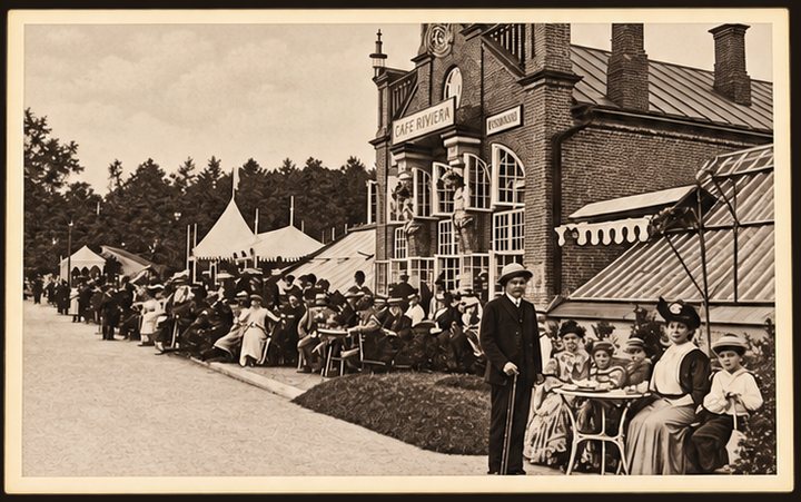 Pocztówka Nr 17 — taras Café Riviera z gośćmi przy stolikach, sepia