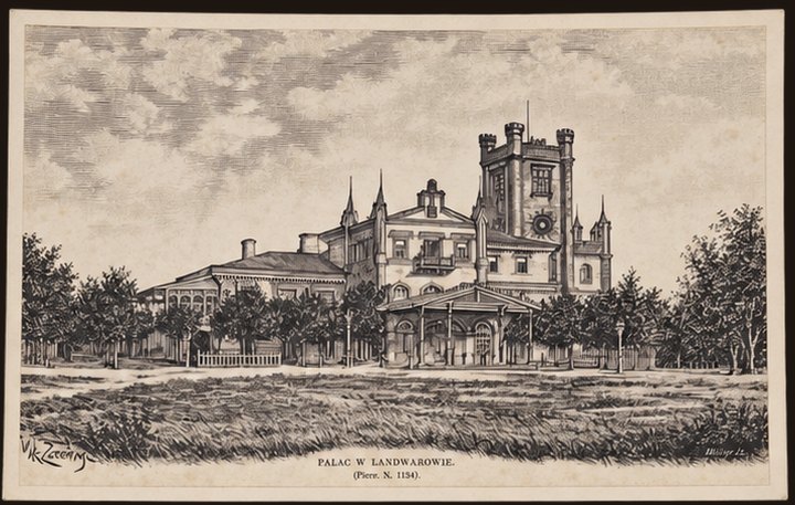 Pocztówka Nr 22 — „Pałac w Landwarowie”: stary pałac z wieżą, rycina