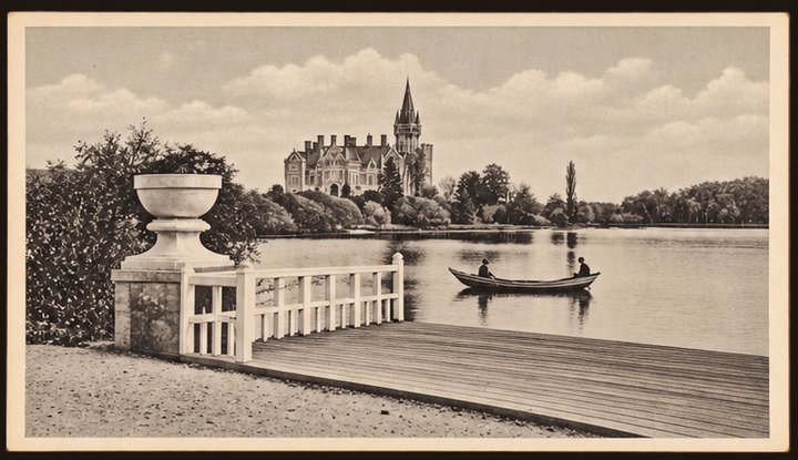 Pocztówka Nr 26 — drewniana przystań z białym płotkiem i wazą, łódź na jeziorze, pałac z iglicą w oddali, sepia