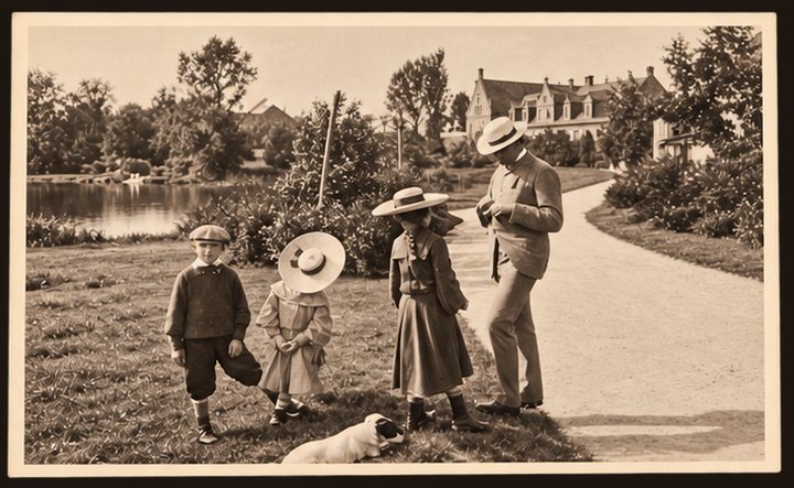 Pocztówka Nr 4 — rodzina z dziećmi i psem na ścieżce parku dworskiego nad jeziorem, sepia