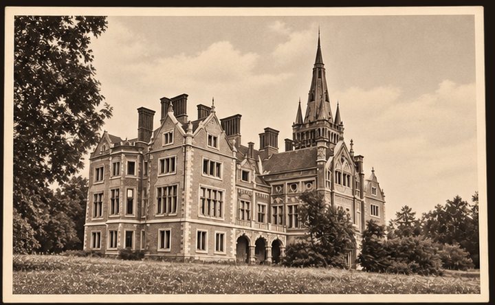 Pocztówka Nr 5 — pałac w Landwarowie od strony parku między drzewami, sepia