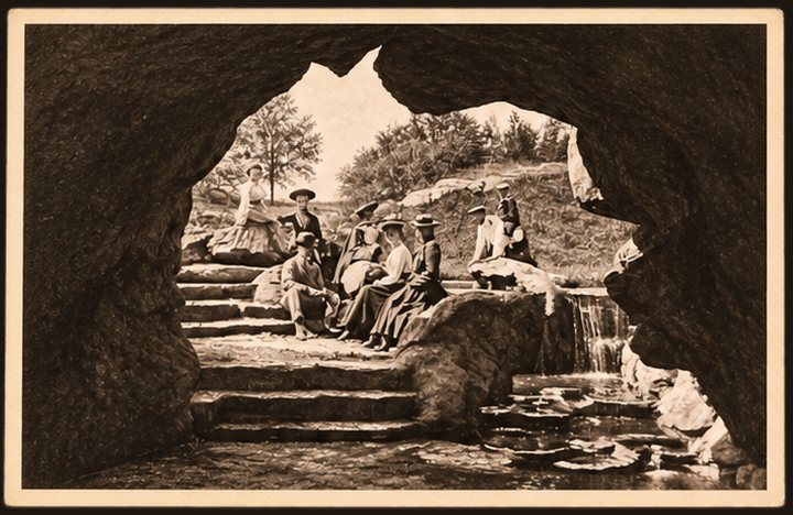 Pocztówka Nr 7 — goście na schodach w grocie przy wodospadzie, sepia