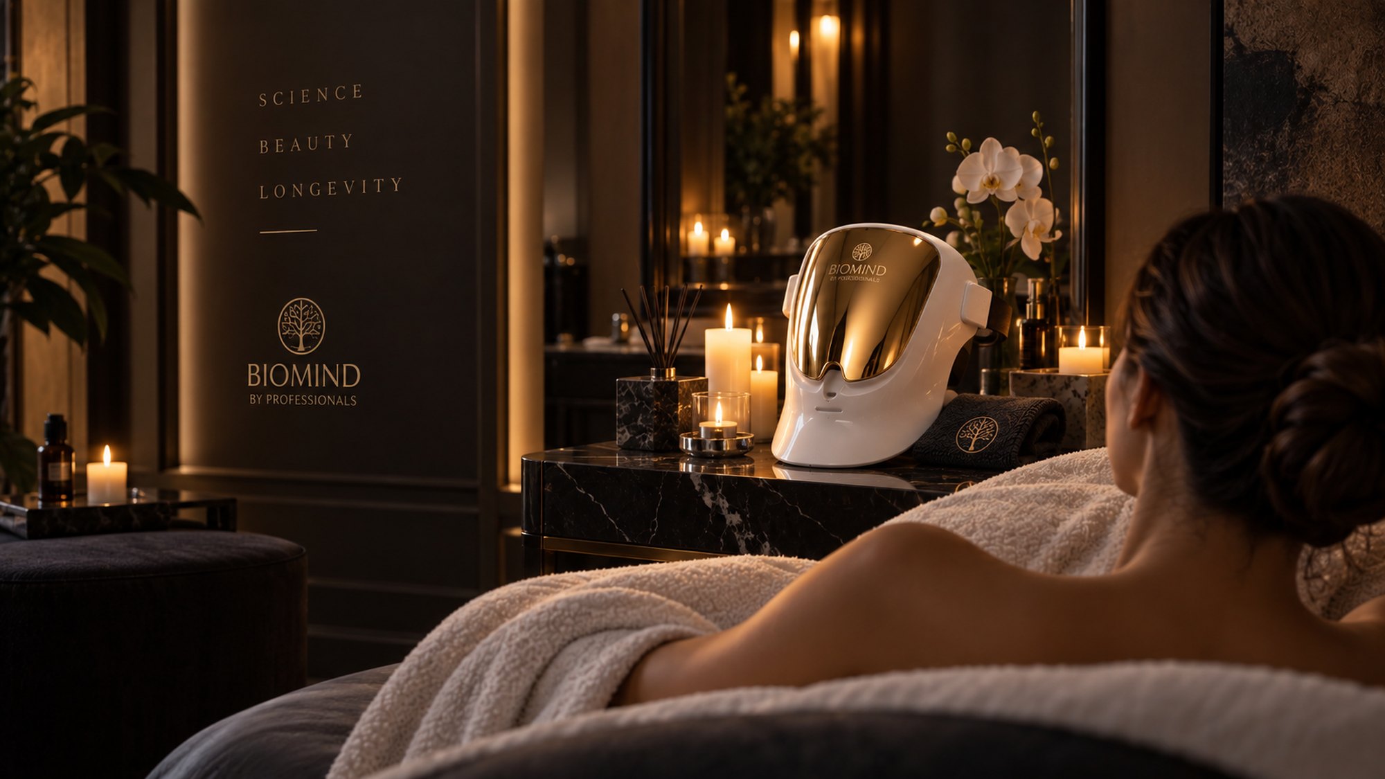 Pokój spa w blasku świec: kobieta na leżance zabiegowej, na marmurowym stoliku maska LED „Biomind PRO”, orchidee, na ścianie napis „Science · Beauty · Longevity”