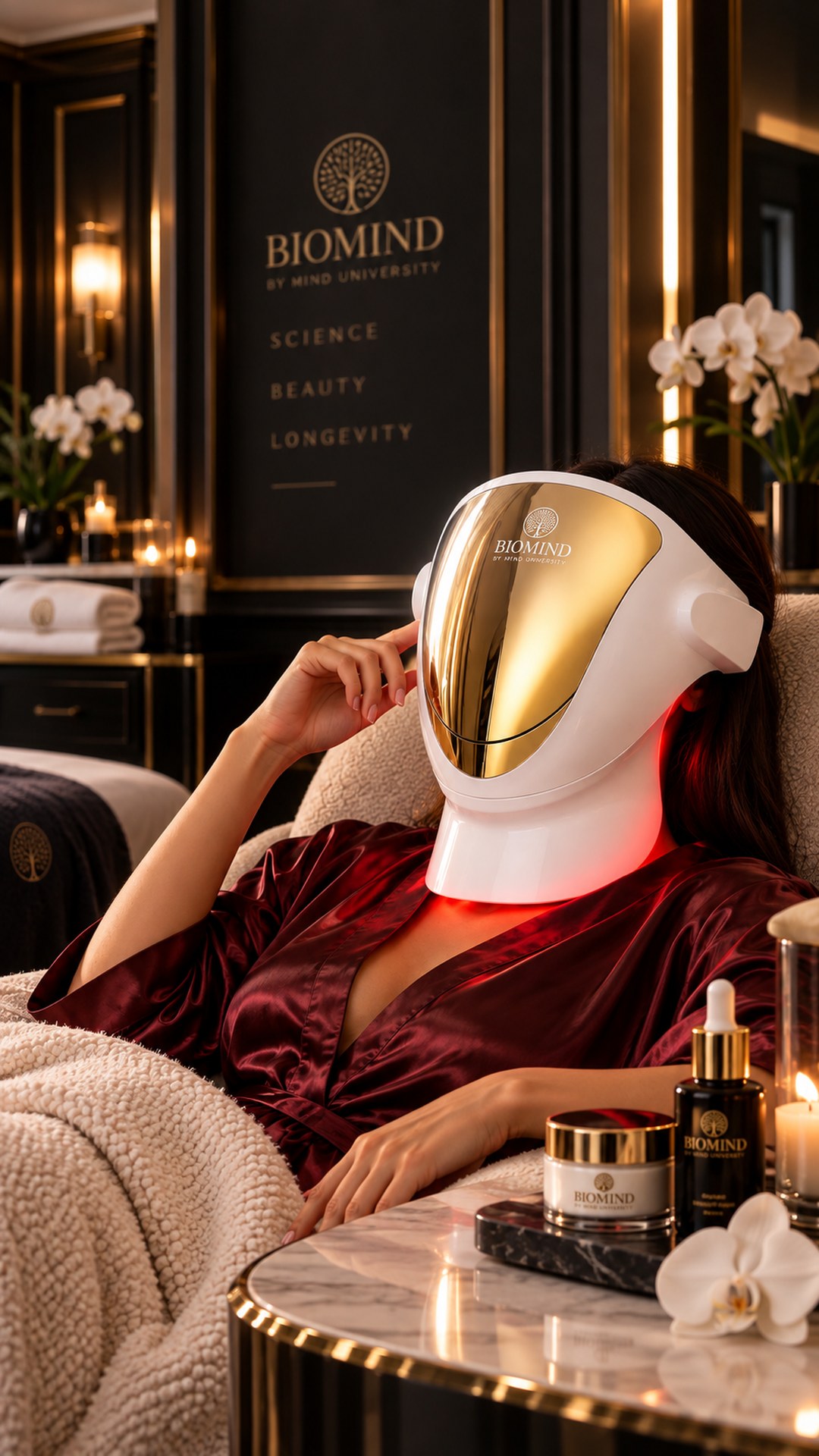 Kobieta w szlafroku w kolorze wina rozsiadła w fotelu spa w masce LED „Biomind PRO” — część na szyję świeci na czerwono, obok serum i krem Biomind