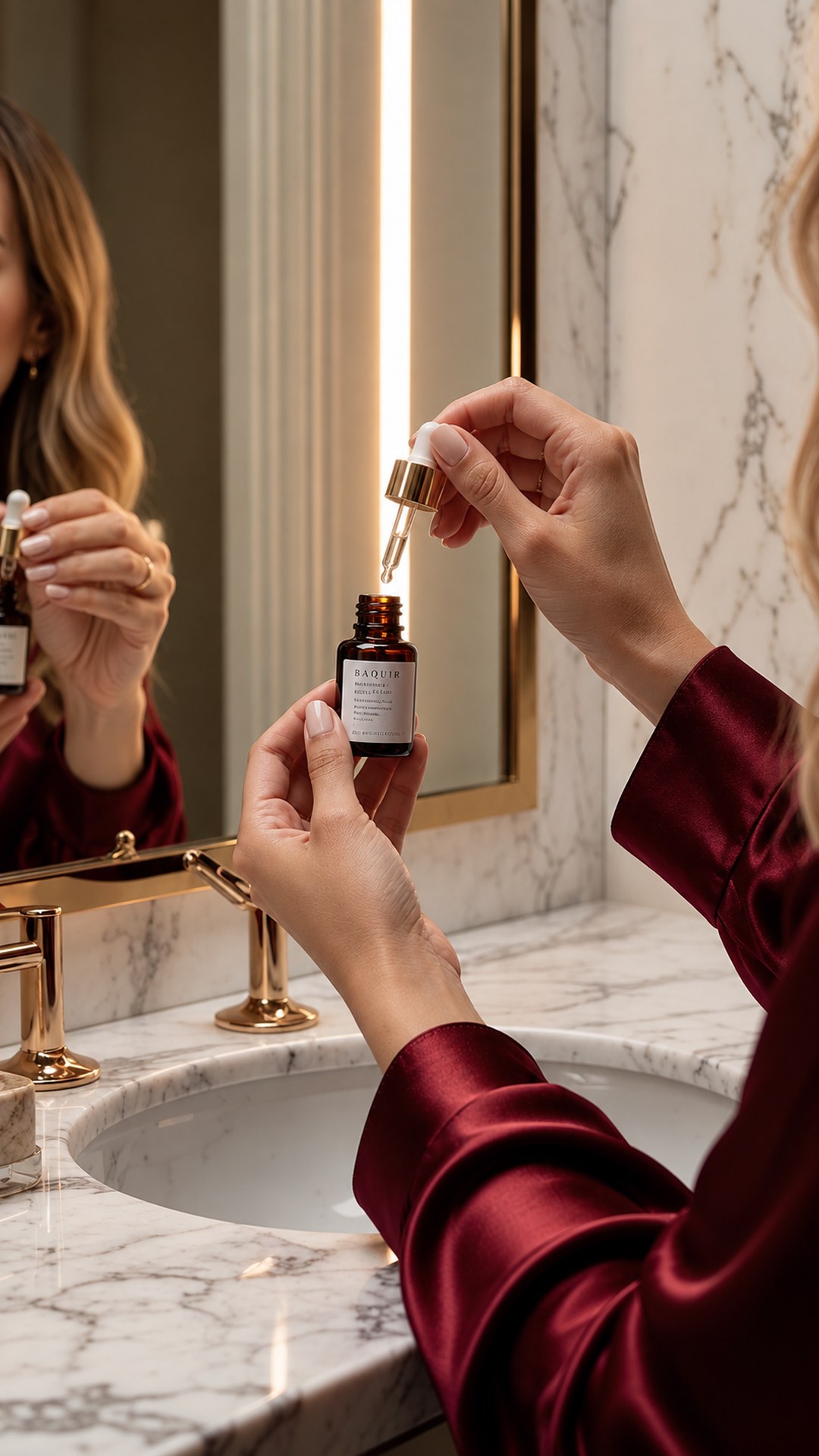 Kobieta w jedwabnym szlafroku w kolorze wina przy marmurowej umywalce trzyma fiolkę serum z pipetą, lustro i złote krany