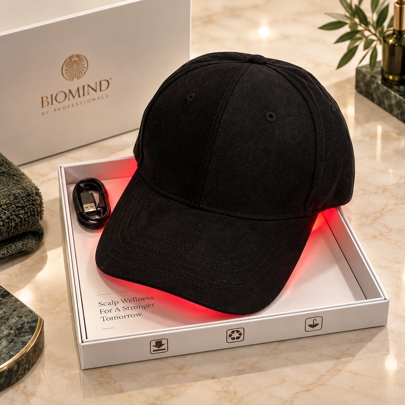 Czarna czapka LED „Biomind” w pudełku z kablem USB na marmurze, przez krawędź przebija czerwone światło