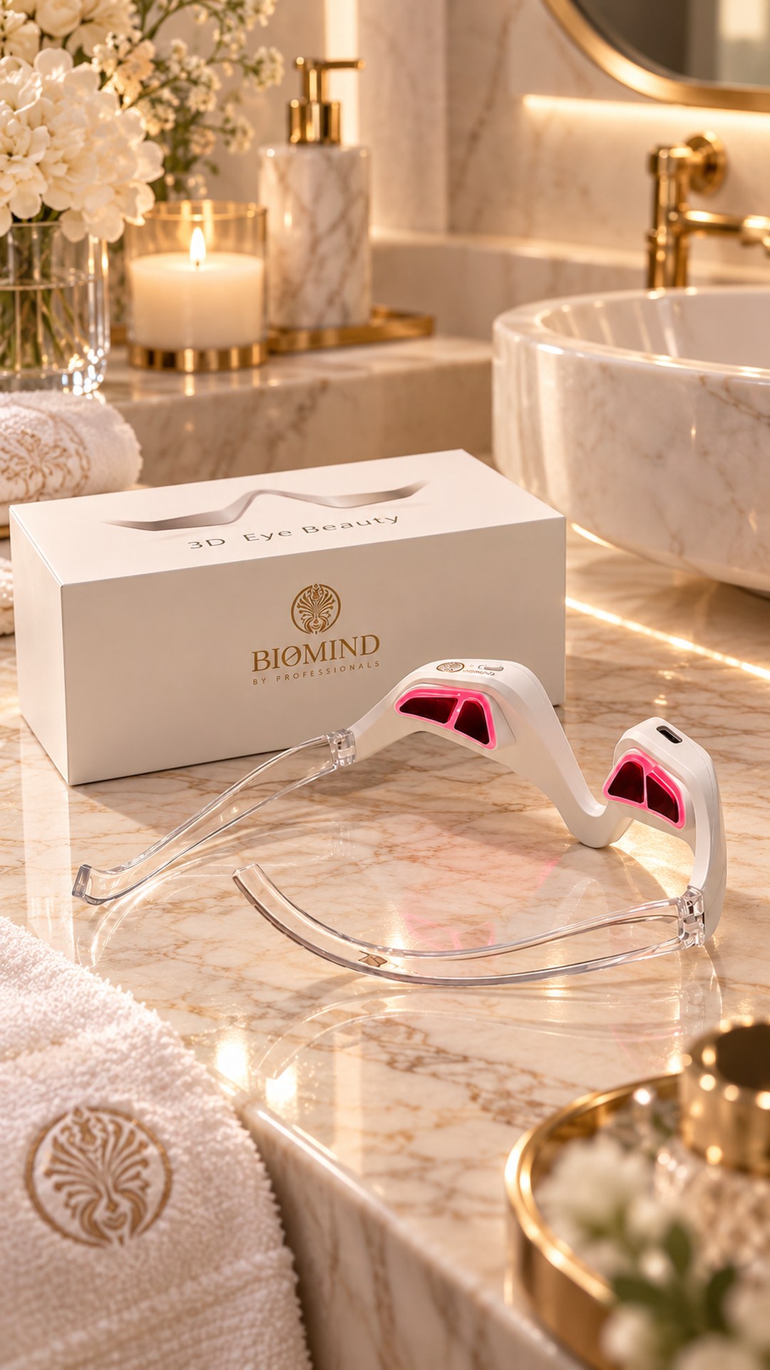 Masażer pod oczy z włączonymi czerwonymi nakładkami przed białym pudełkiem Biomind „3D Eye Beauty” na marmurowym blacie łazienkowym, świeca i kwiaty