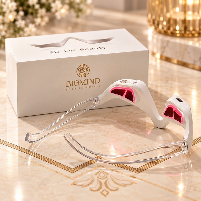 Masażer pod oczy z włączonymi czerwonymi nakładkami LED przed białym pudełkiem Biomind „3D Eye Beauty”