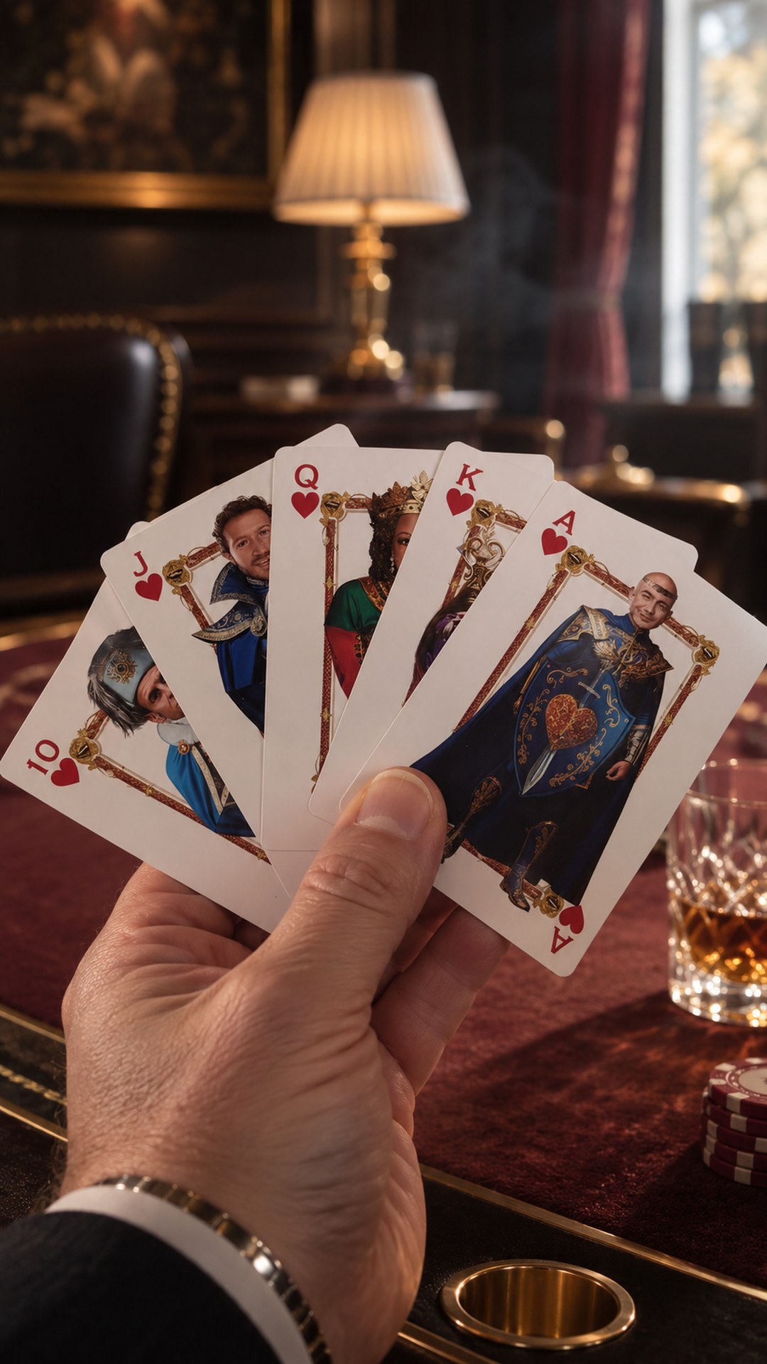 Dłoń trzyma 10, J, Q, K, A kier z talii „World Superheroes” — Zuckerberg, Bezos i inni w koronach, w tle czerwony stół pokerowy i szklanka whisky